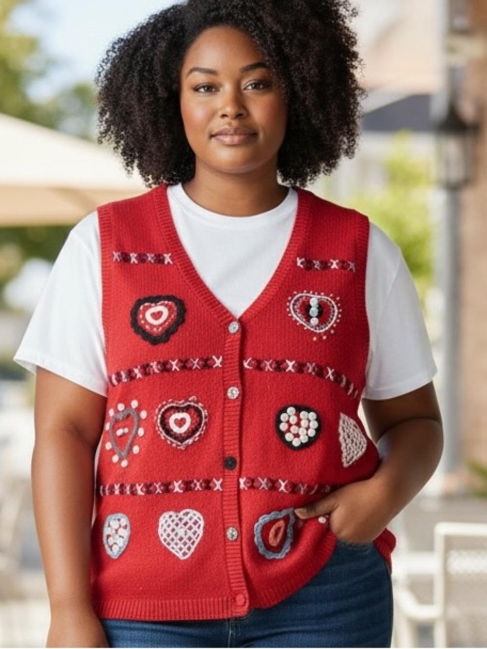 80s CAPACITY COTTON RED KNIT EMBROIDERED HEART VEST WAISTCOAT COTTAGECORE SZ L